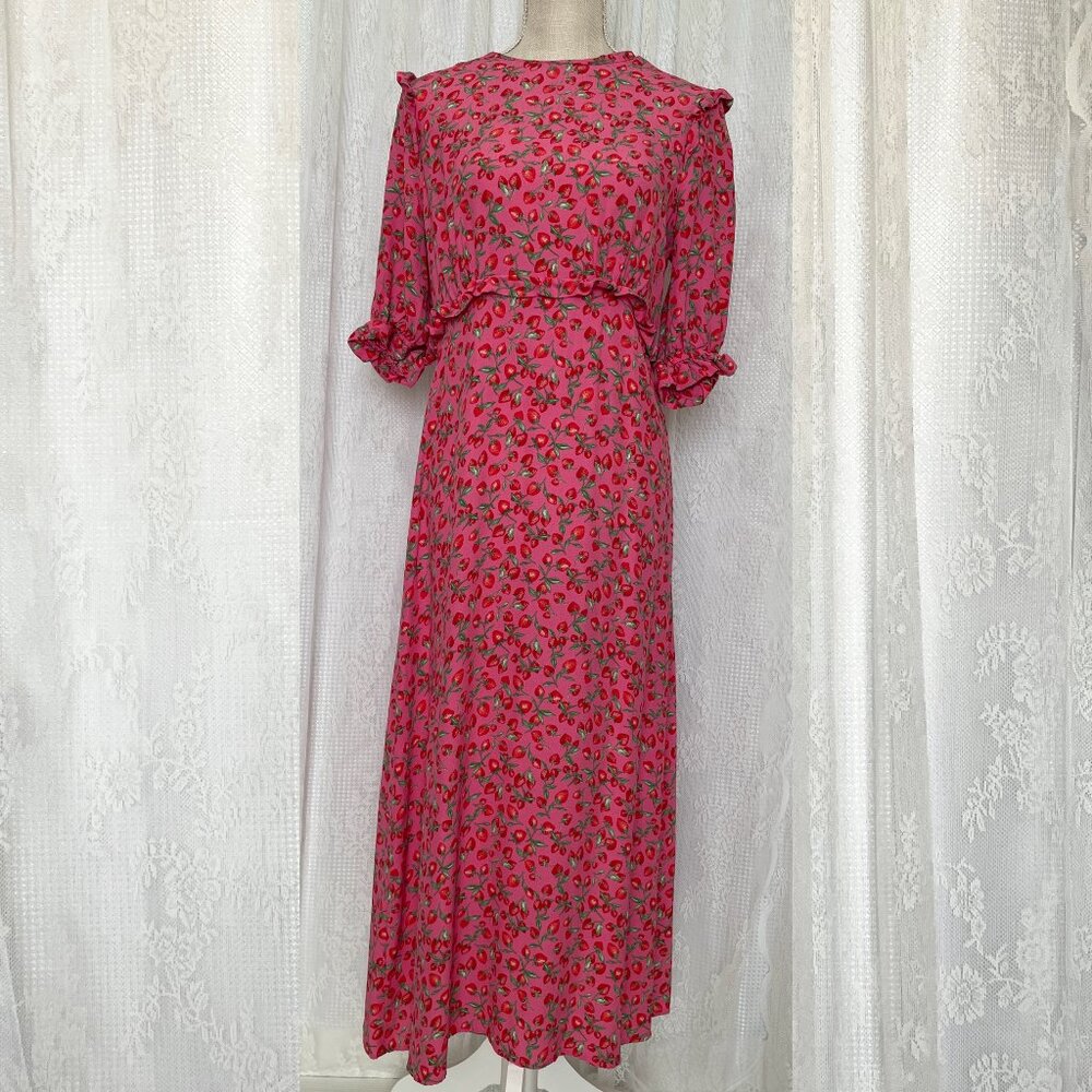 Nobody's Child Women's Midi Maxi Dress 10 Pink Strawberry Ruffle Modest Spring